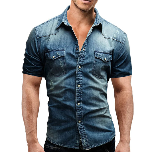 Men Summer Denim Thin Shirt Short Sleeve Soft Cotton Two Pockets Slim Slight Elastic Jeans Cowboy Shirt Clothing 2023