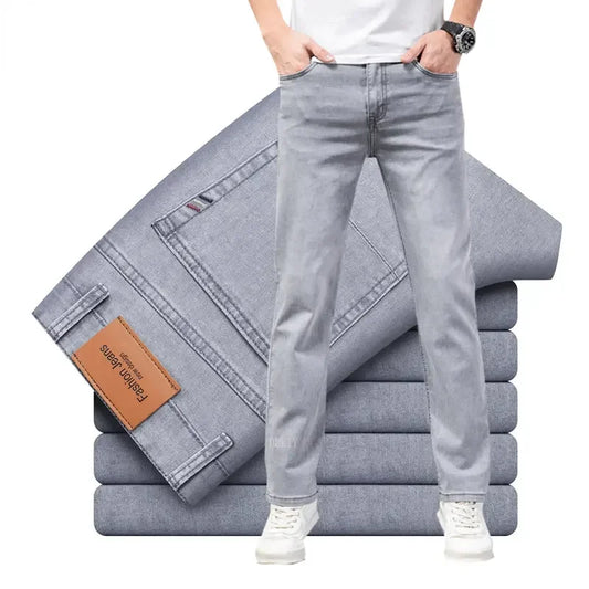 2024 Brand Thin or Thick Material Straight Cotton Stretch Denim Men's  Business Casual High Waist Light Grey Blue Jeans