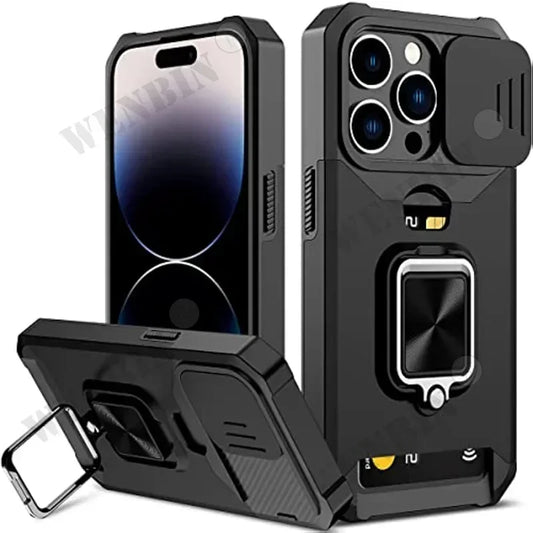 Case For iPhone 16 15 14 13 12 11 Pro Max Plus 8 7 SE Mini Heavy Duty Protection With Sliding Camera Cover And Card Clip Cover