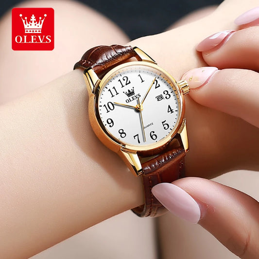 OLEVS Classic Quartz Watch for Women Brown Leather Strap Watch With Date Feature Digital Dial Waterproof Ladies Dress Wristwatch