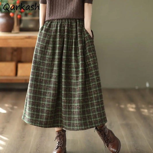 Vintage Plaid Midi Skirts Women Baggy New High Waist A-line Thicker French Style Pockets Mujer Ulzzang Bottoms Fashion Elegant