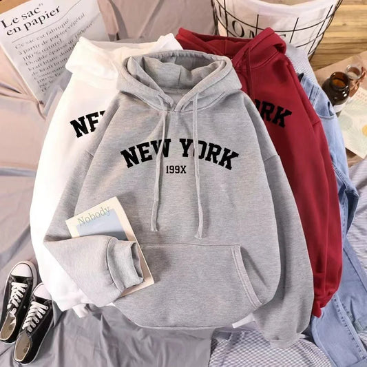 Hoodie Europe and America Sweatshirts for Women New York Letter y2k Autumn Winter Oversized Plus Velvet Casual Loose Fleece Tops