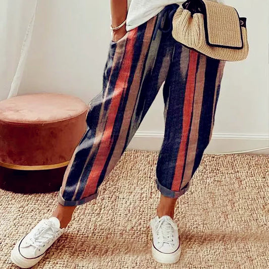 Women Summer Spring Midi Cotton Line Ruffles Vintage Big Large Plus Sizes Casual Party Fashion Loose Strip Pocket Pant