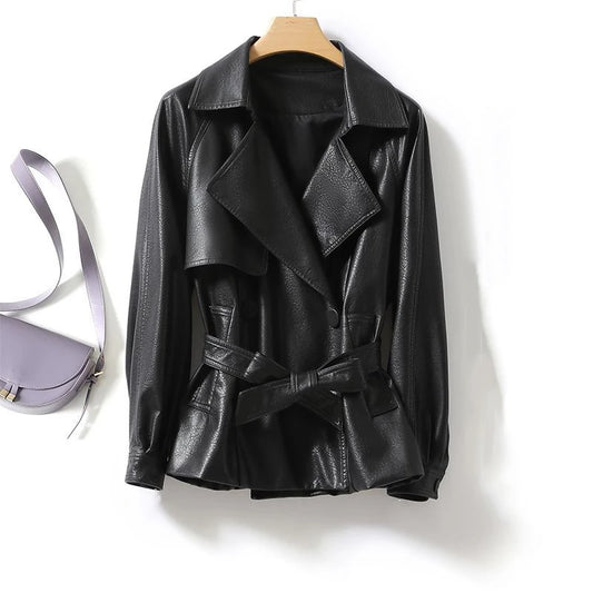 Fashionable Genuine Leather Jacket for Women Waist-tied Loose Version Spring Autumn Black Brown Casual Stylish Aesthetic
