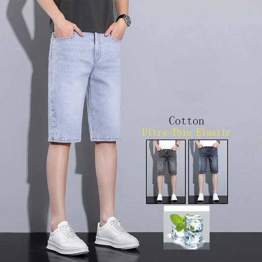 Summer Men's Ultra-thin Denim Shorts Loose Straight Elastic Smoke Gray Fashion Elastic Cotton middle Waist Short Jeans