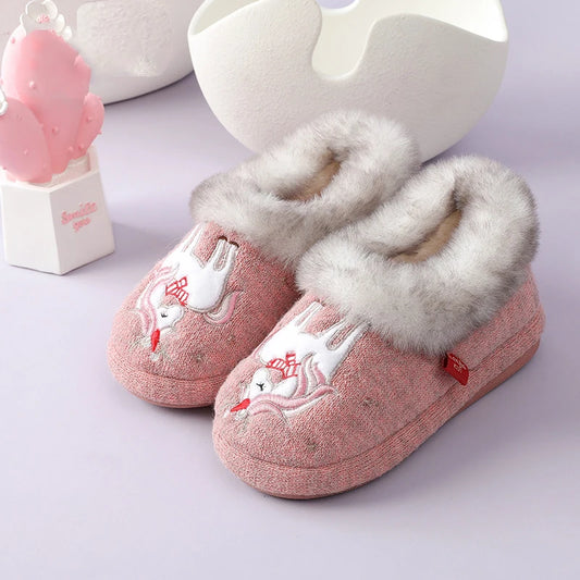 Gacimy Winter Cute Warm House Cotton Shoes For Children Indoor Soft Non-slip Baby Plush Slippers Lovely Animals Furry Slippers