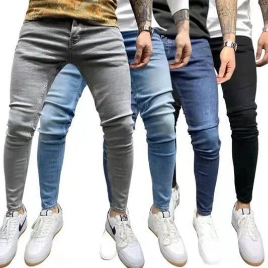 Male Hip-hop Trousers Pure Color Ripped Jeans Men Slim Long Pencil Pant Men Clothing High Quality Men Fashion Thin Skinny Jeans