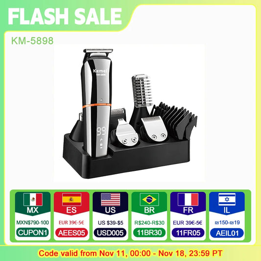 Kemei Waterproof 11 in 1 Men's Grooming Kit Electric Beard Trimmer Cordless Razor Hair Clippers Rechargeable Nose Trimmer