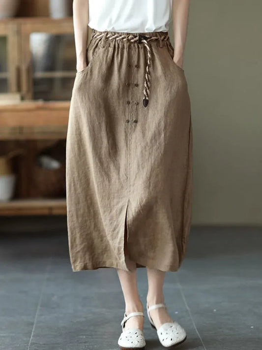 High Waist Casual Skirts Women New Arrival 2022 Summer Vintage Style Loose Cotton Linen Ladies A-line Long Skirt With Belts D326