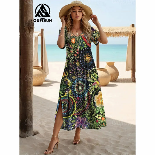 Elegant Womens Dresses Summer V-Neck Women's Clothing Vintage Woman Long Dress Fashions Evening Dress Loose Oversize Pullover