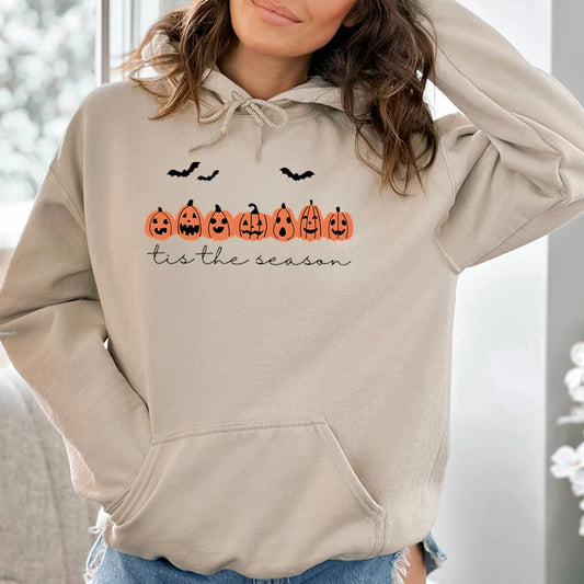 Happy Halloween Pumpkins Tis The Beason Hoodies Casual Long Sleeves Hooded Sweatshirts Cool Halloween Women Pullover Tops