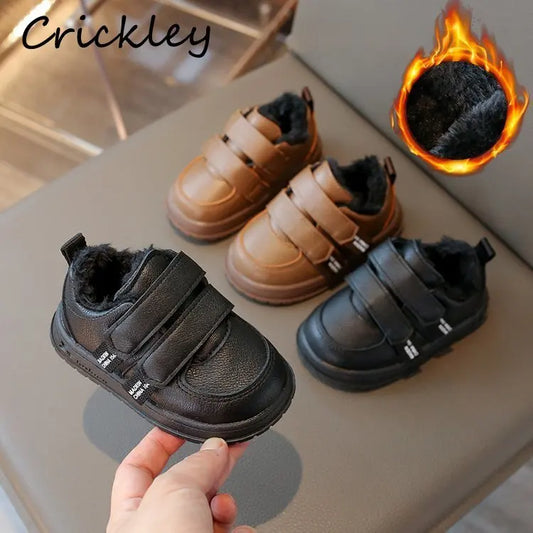 Solid Baby Boys Girls Casual Shoes Winter Plush Warm Hook Loop Children Sneakers PU Non Slip Toddler Kids Sport Shoes