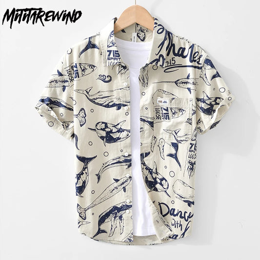 Creative Fish Printed Shirt Men Summer Beach New Male Shirts Causal Pocket Pure Cotton Short Sleeve Shirt Youth Fashion Clothes