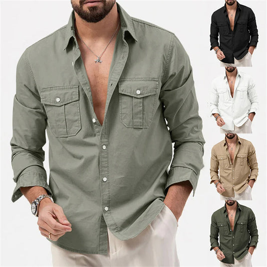 Tactical Cargo Shirts for Men Pockets Long Sleeve Men's Clothing 2024 Trend Loose Casual Chemise Hombre Spring Lapel Tops