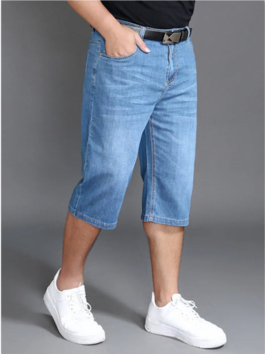 Summer Shorts Calf Length Trousers Plus Size 48 42 Men Denim Elastic Stretched Thin Jean Oversized Classic Straight Streetwear