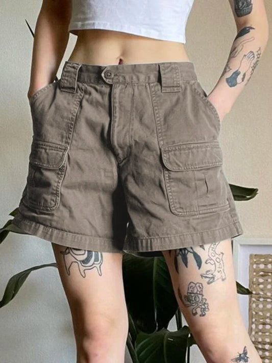 Vintage Pocket Patchwork Cargo Jean Shorts Women Low Waist Y2k Harajuku Denim Short Streetwear Solid Bodycon Short Femme