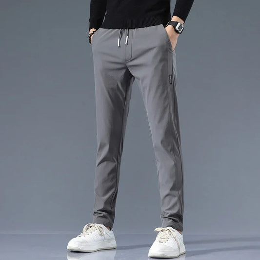 Trendy Summer Ice Silk Waistband Elastic Casual Pants For Men Korean Style Slim Fit Breathable Low Temperature Small Pants