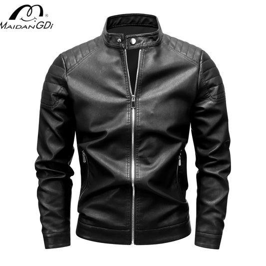 MaiDangDi Large Size Fashion Jacket Stand Collar Leisure Spring and Autumn New Zipper Men's Motorcycle Leather Jacket