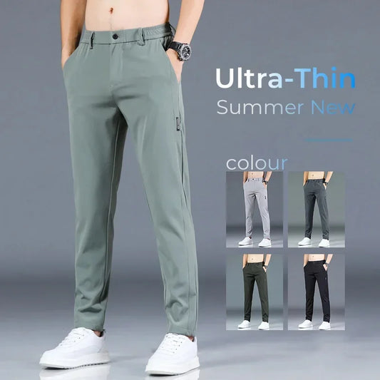 2024 Summer New Thin Ice Silk Stretch Men's Pants Casual Elastic Waist Smooth Trouser Pants Male Brand Clothing 5 Colour