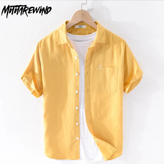 Summer Cotton Linen Shirts Men Breathable Beach Male Tops Causal Pocket Square Collar Short Sleeve Shirt Youth Simple Clothing