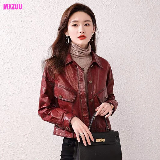 New Sheepskin Coat for Women Spring Autumn Fashion Lapel Single-Breasted Casual Short Red Wine Waxy Leather Jacket Abrigo Mujer 