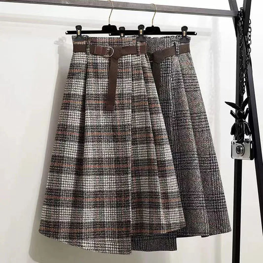 Rimocy Autumn Winter Women's Plaid Woolen Skirts with Belt Fashion Irregular Hem High Waist Skirt Woman 2024 A Line Long Skirts