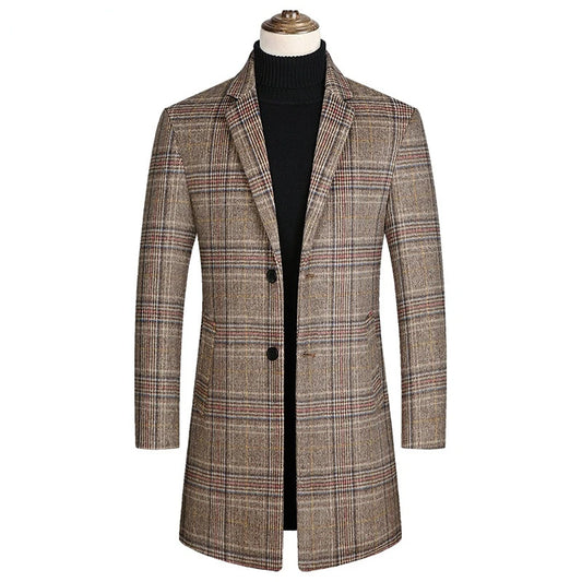 Men Plaid Wool Blends Long Winter Jackets Cashmere Trench Coats High Quality Winter Coats Male Business Casual Wool Trench Coats