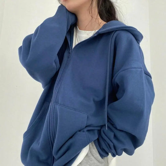 Women Hoodies Solid Color Zip Up Pocket Oversized Harajuku Korean Sweatshirts Female Long Sleeve Hooded Streetwear Casual Top