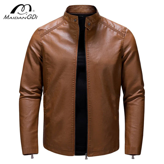 MaiDangDi Autumn Men's Autumn Winter New Men's PU Leather Jacket Short Style Stand Collar Youth Motorcycle Leather Jacket