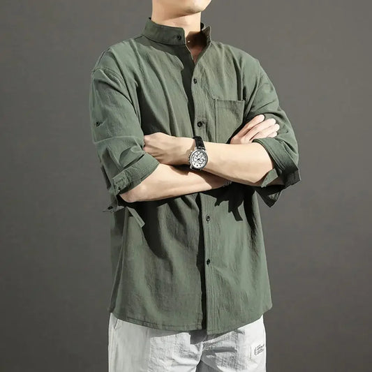 Male Shirt Solid Color 3/4 Sleeves Spring Shirt Loose Stand Collar Male Office  Buttons Placket Men Over Shirt For Work