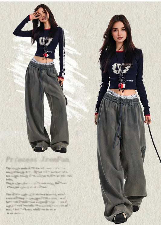 Women Fall y2k Vintage style Baggy Jeans 90s Scene Trashy Streetwear Fashion Dirty Denim Pants 2000s Low Waist Clothes Japanese