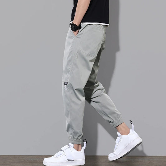 Men Pants Solid Color Elastic Waist Men Trousers Drawstring Ankle-banded Cargo Pants For Daily Wear Casual Solid Color