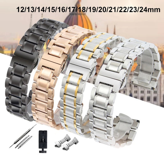 Curved End Solid Stainless Steel Watch Strap 12 14 16 18 20 21 22 24mm Metal Band Butterfly Buckle Universal Barcelet Watchband