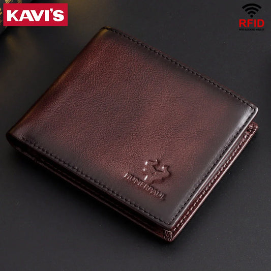 KAVIS Handmade Men's Wallet Genuine Leather RFID Card Holder with ID Window Large Capacity Male Storage Money Bag Fashion