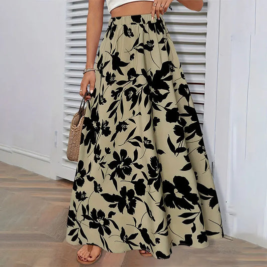 Elegant Floral Print Long Skirts For Women 2024 Summer Beach Fashion High Waist Cute Maxi Dresses Skirt Female