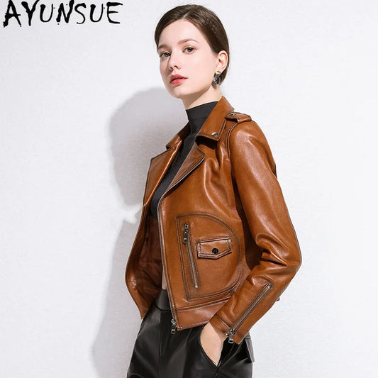 AYUNAUE Genuine Leather Jacket Women Clothing Spring Autumn Sheepskin Coat Short Motorcycle Jacket Korean Fashion Leather Coats