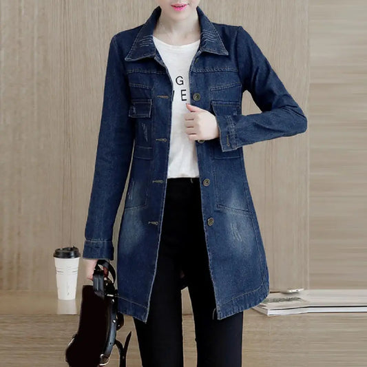Fashion Single Breasted Long Denim Jacket Shrink Resistant Women Jacket Irregular Hem Long Women Jacket for Vacation