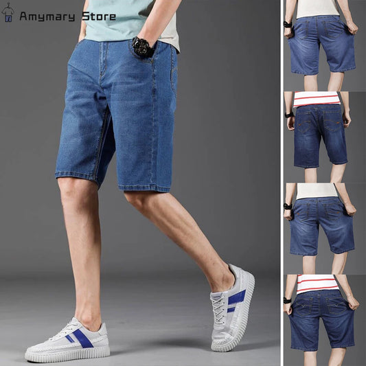 New Summer Men's Denim Shorts Fashion Solid Color Casual Loose Multi-pocket Straight Five-minute Pants Elastic Knee Shorts